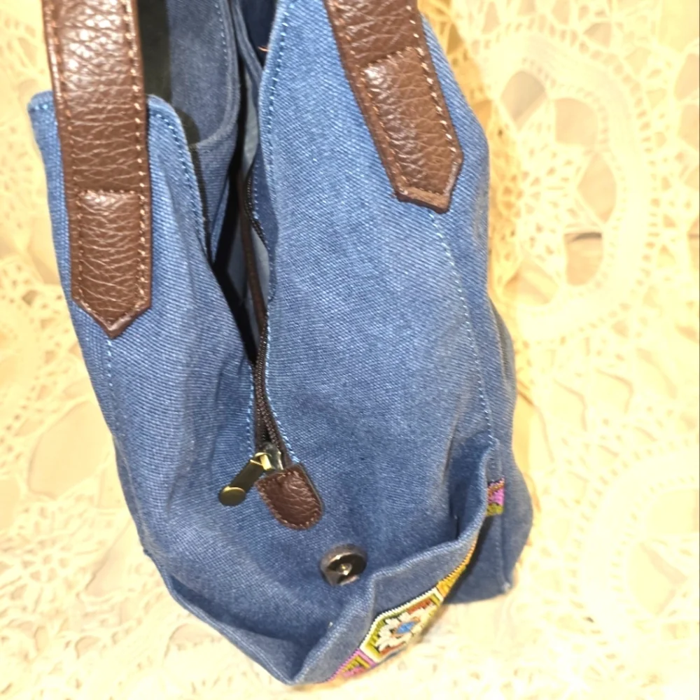 Denim Style Canvas Boho Style Purse, Shoulder Bag, Embroidered Design And Pocket